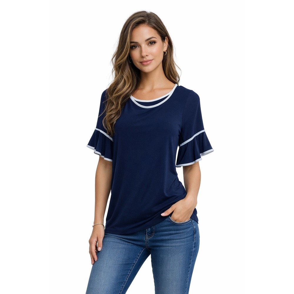 Joseph Ribkoff Navy Ruffle Sleeve Blouse‎ White Trim Stretch Top 6 Office Women